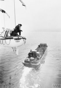 1 June 1982. 5 Infantry Brigade troops from the P&O liner CANBERRA to BLUE Beach at San Carlos being transported by landing craft.